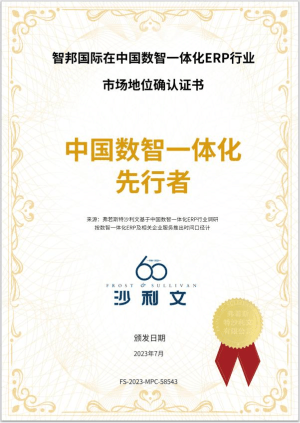 “中国数智一体化先行者”市场地位确认